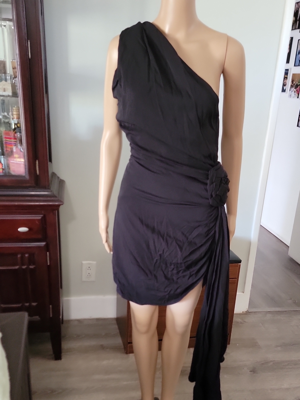 Luxxel One-Shoulder Black Draped Cocktail Dress